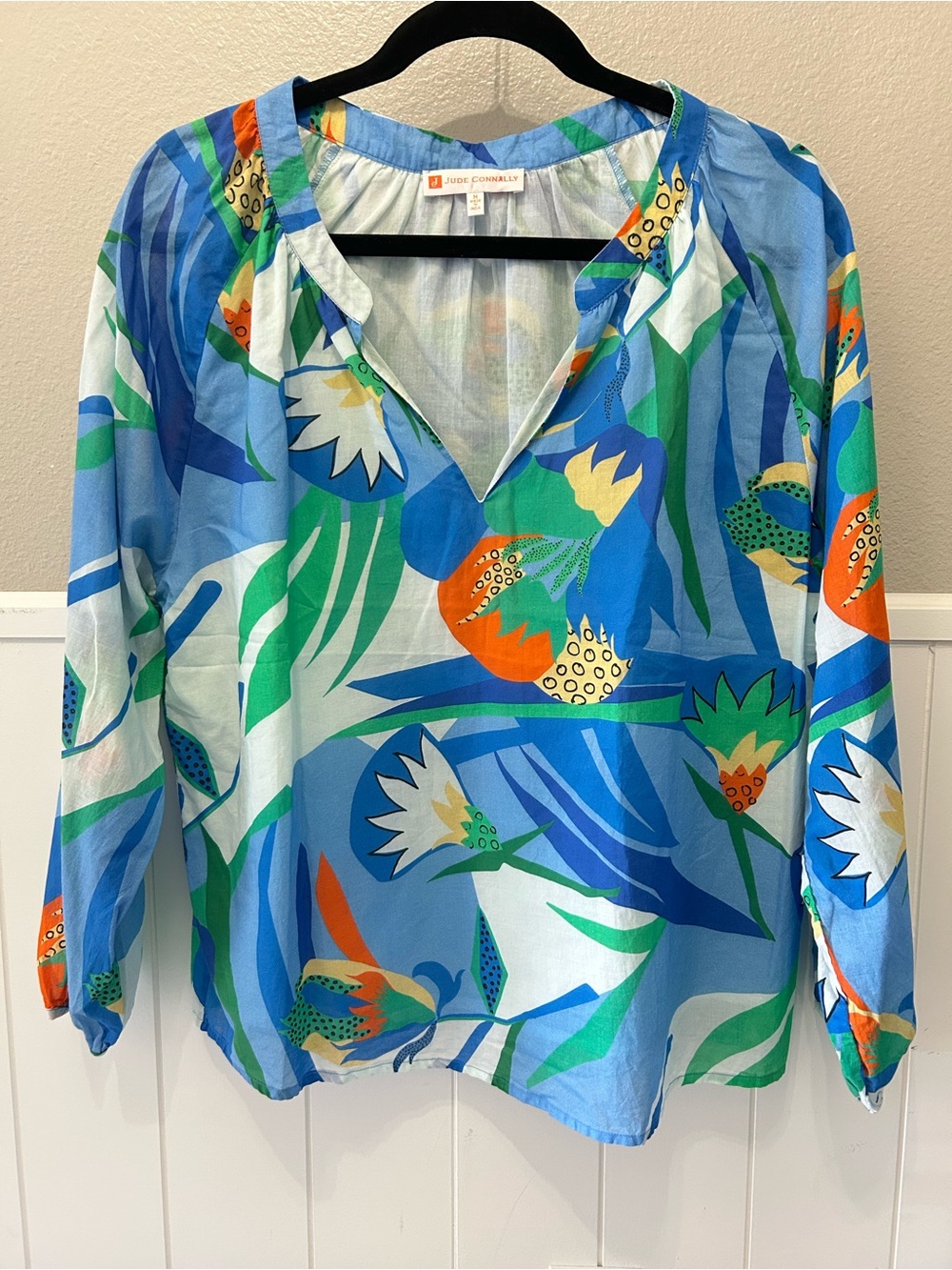 Jude Connally Cotton Lilith Printed Blouse Blue White Tropical Floral Beach Top